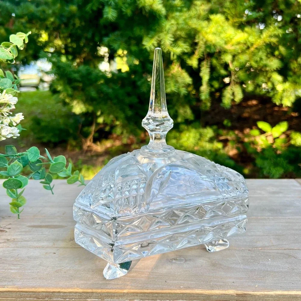 Vintage Glass Hexagon Footed Floral Candy Dish